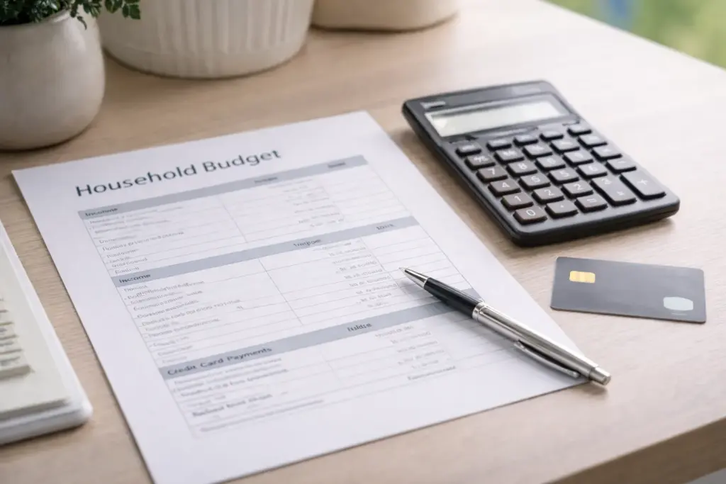 Household budget and credit card payments laid out to show how lenders review affordability.