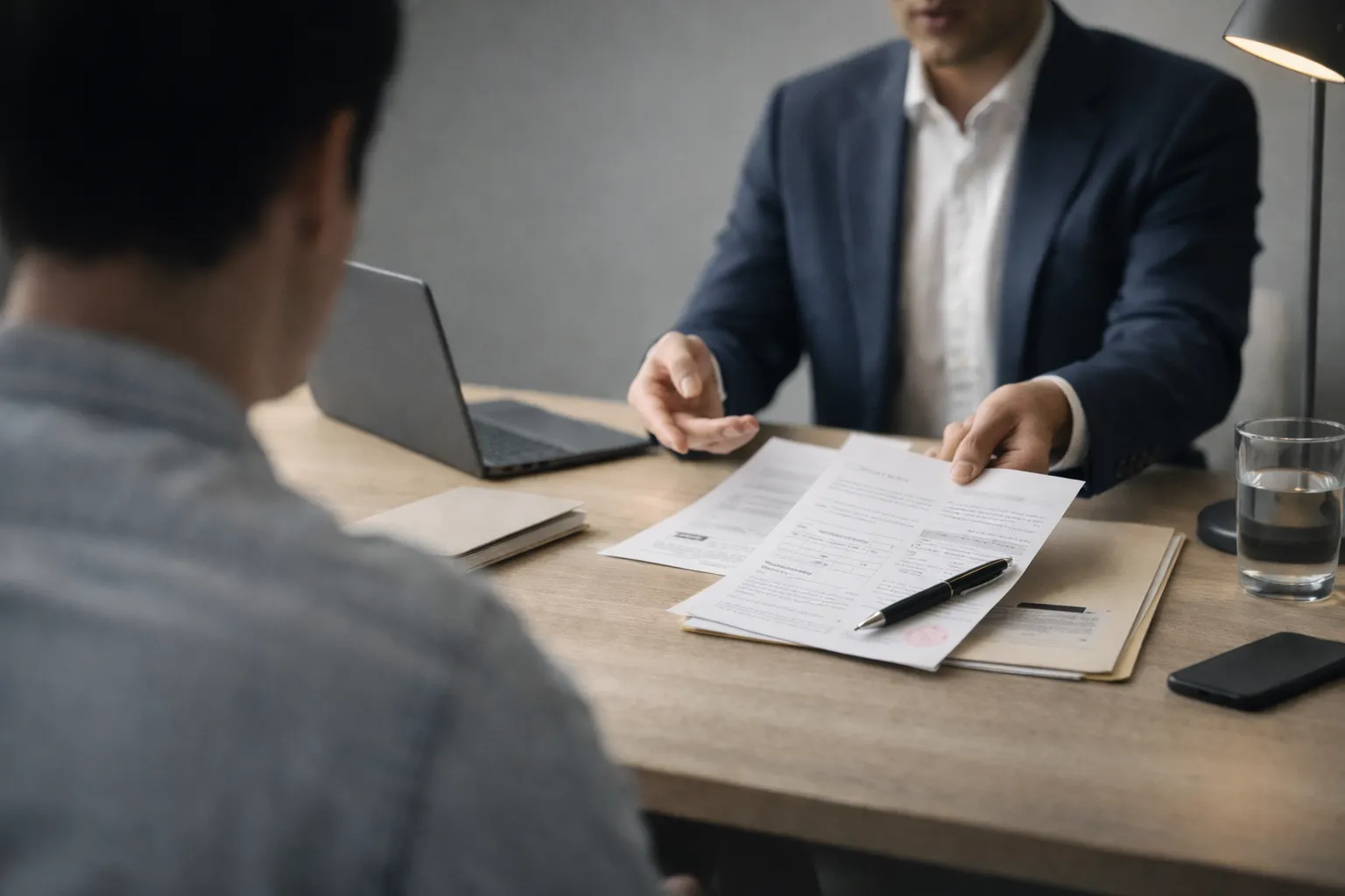 Mortgage adviser discussing documents with a client about a CCJ mortgage.