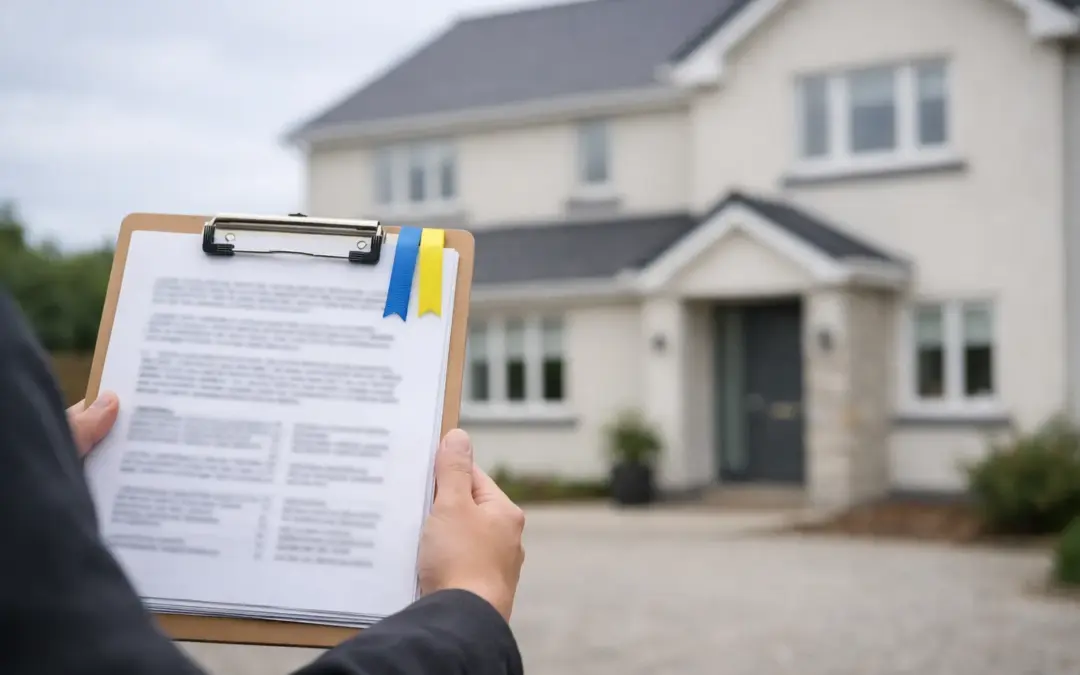 Clipboard with blurred mortgage paperwork in front of a home, showing how a secured loan can affect remortgaging.