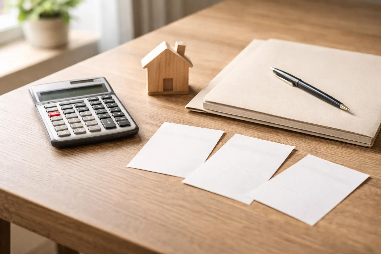 Calculator and blank bills on table, budgeting for remortgage commitments.