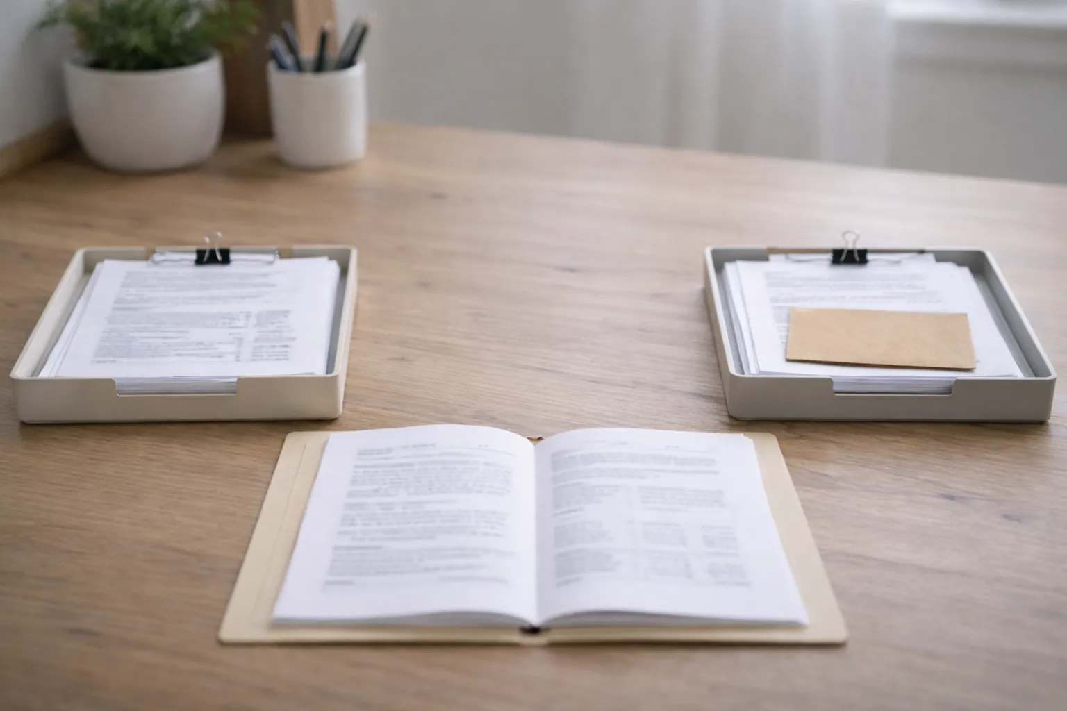 Two document trays and an open folder, illustrating remortgage routes when a secured loan is in place.