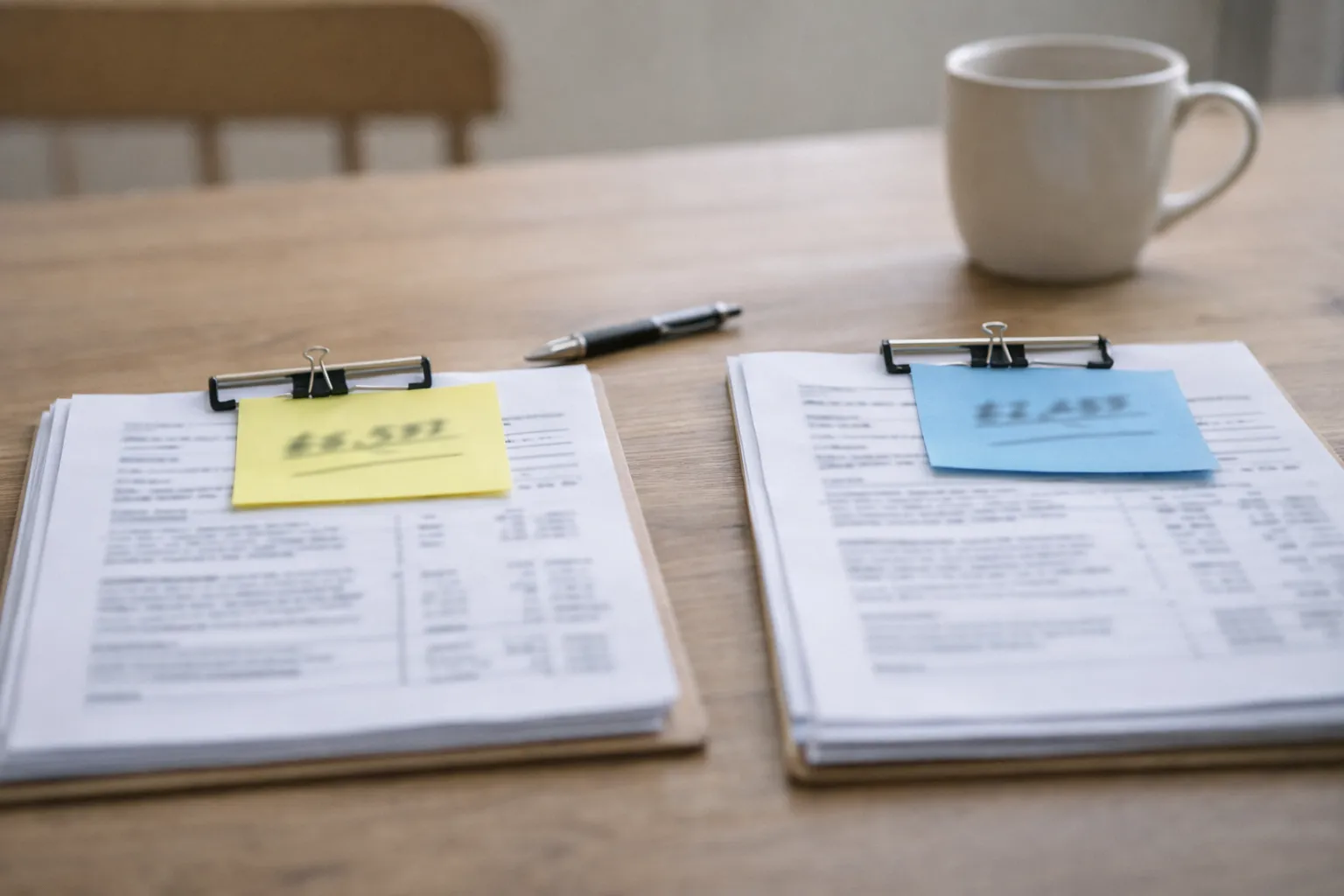 Two document packs with blurred notes on a table, representing mortgage and secured loan payments in affordability checks.