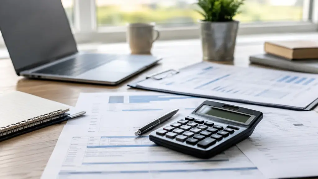 Calculator, laptop and financial documents for mortgage affordability checks.