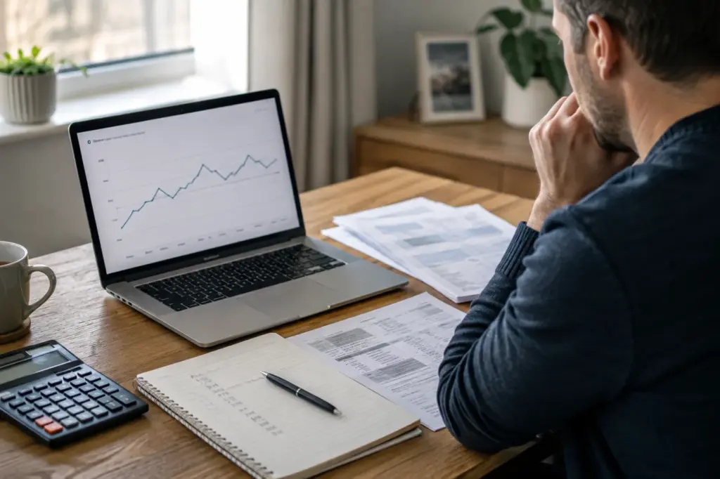 Homeowner reviewing mortgage figures and changing interest rates.