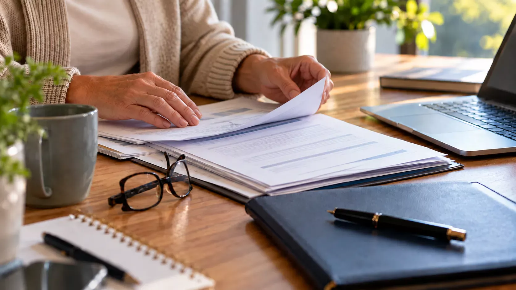 Person reviewing financial protection documents as part of estate planning.